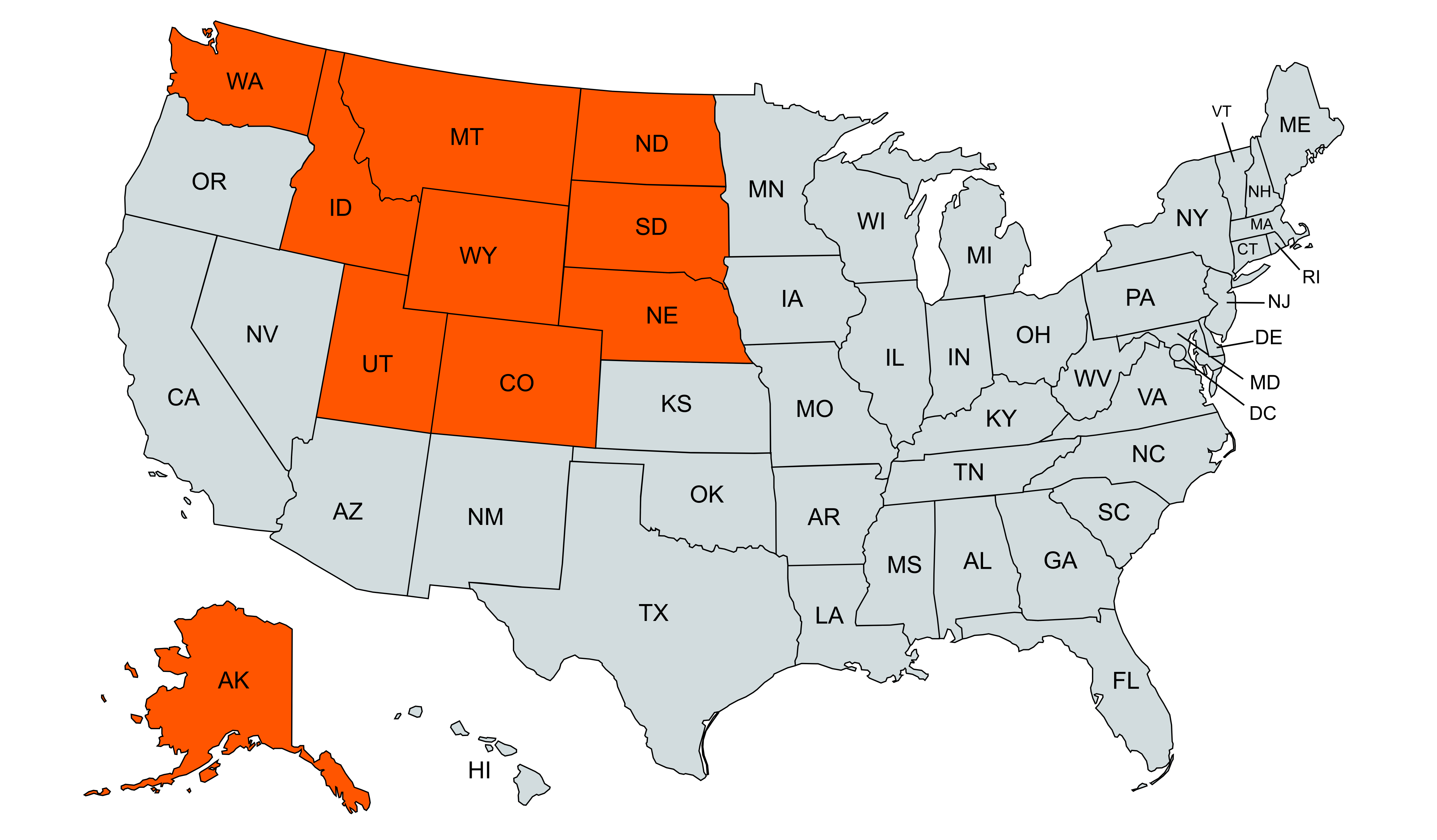 US Map Highlighting Focused States: AK, WA, ID, MT, WY, UT, CO, ND, SD, NE